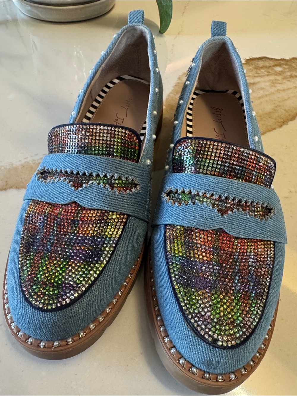 Betsey Johnson Blue Denim Loafers with Multicolor Rhinestones